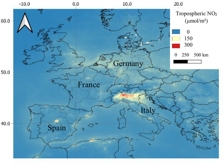 Map of Europe shaded by tropospheric NO2 concentration, from low (blue) to high (red), with the highest values over northern Italy and the Po Valley. Country names are marked for Spain, France, Germany and Italy.