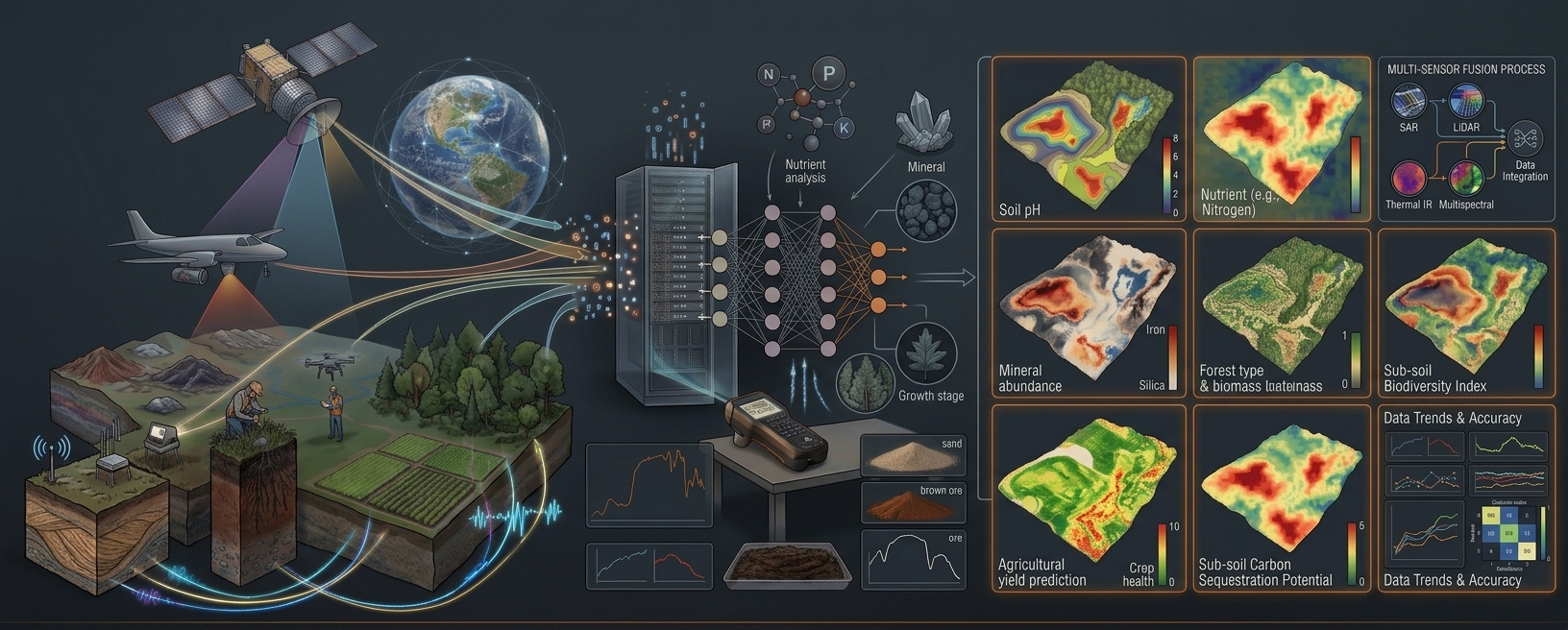 Illustrated overview of remote sensing workflows: a satellite and an aircraft collect spectral data over a tailings pond and forested hills, a handheld spectrometer measures soil on site, a soil profile shows its layers, and the data flows into an AI model that produces maps and estimates.